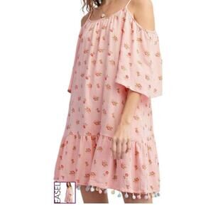 Easel NWT pink/coral cold shoulder mini babydoll dress with pockets pom pom hem